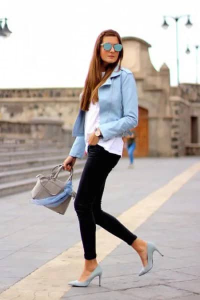 Light Blue Blazer with White Tee & Black Skinny Jeans