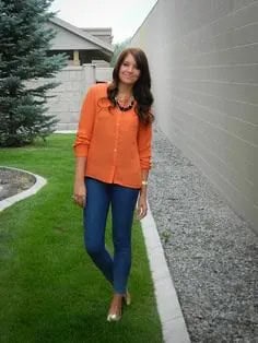 Orange Button Up Shirt with Blue Slim Fit Jeans & Metallic Shoes