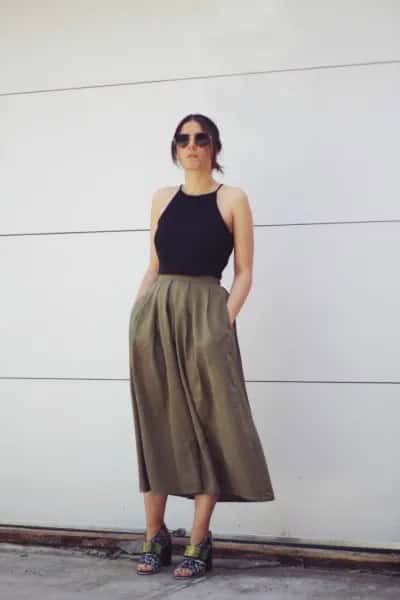 Black Halter Top with Green Khaki Skirt