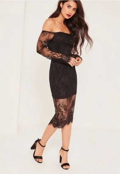 Off The Shoulder Semi-Sheer Long Sleeve Midi Dress with Ankle Strap Heels