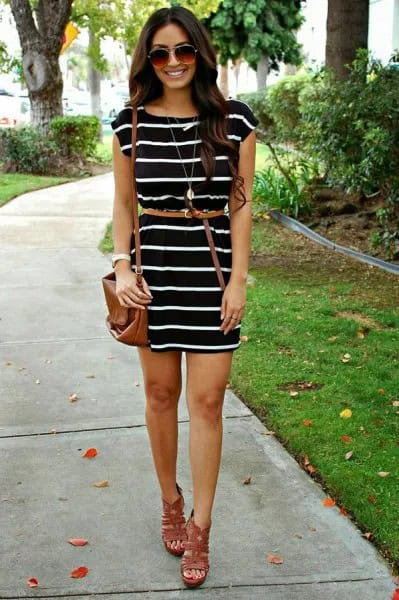 Black and White Striped Dress with Thin Belt