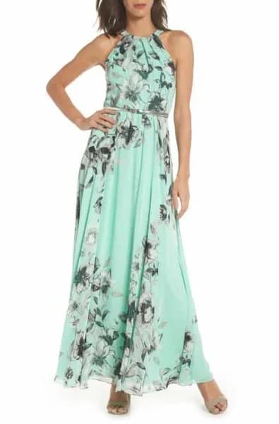 Light Green Floral Printed Belted Maxi Dress with Open Toe Heels