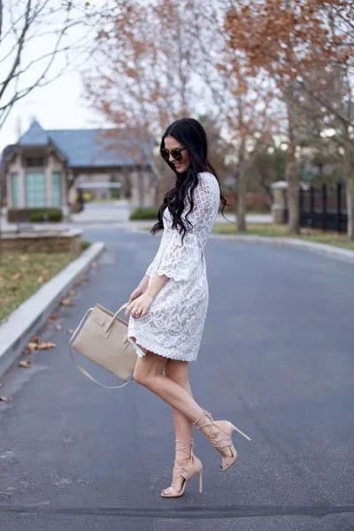 White Lace Scalloped Hem Mini Swing Dress with Pink Strappy Heels