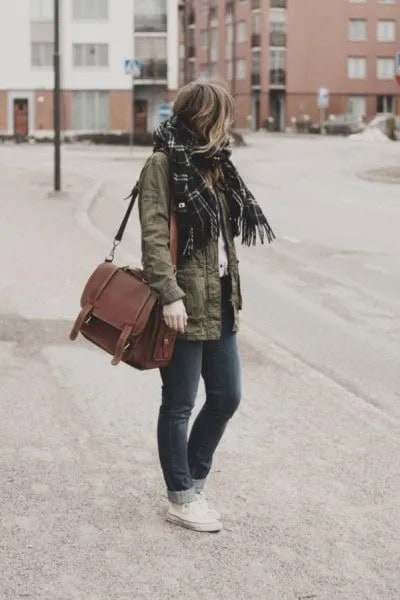 Military Jacket with Black Plaid Scarf & Brown Suede Messenger Bag