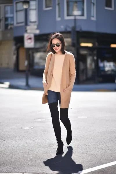 Blush Pink Long Jacket with Blue Tall Jeans & Black Thigh High Boots