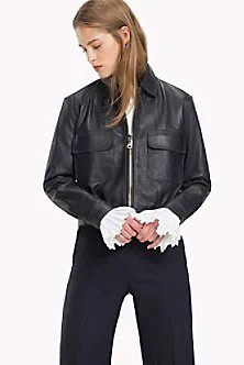 Black Leather Sporty Coat with Dark Straight Leg Jeans