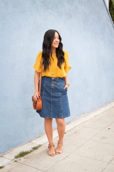 Short Sleeve Yellow Chiffon Blouse with Blue High Rise Denim Knee Length Skirt