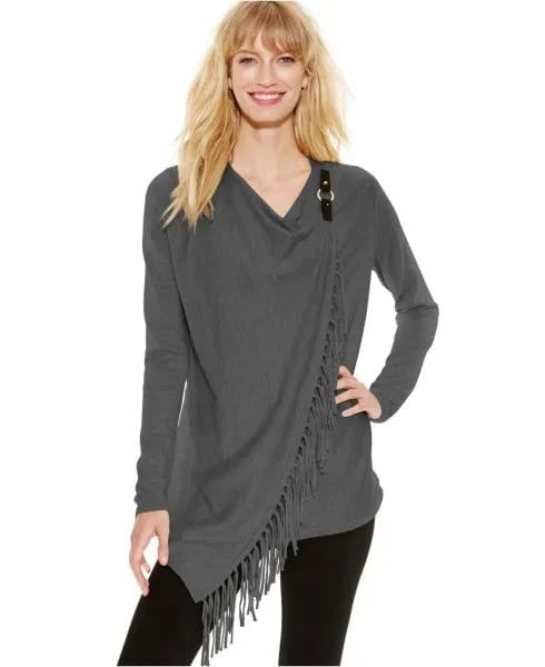 Grey Fringe Wrap with Black Skinny Jeans