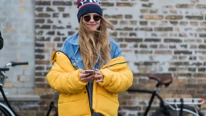 Yellow Puffer Coat with Blue Denim Jacket