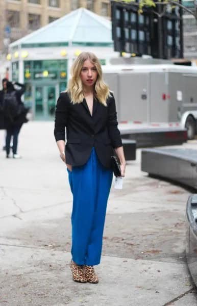 Royal Blue Wide Leg Silk Pants with Black Blazer