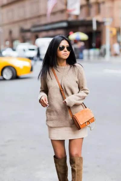 Blush Pink Chunky Knit Sweater with Mini Ivory Skirt & Brown Suede Purse