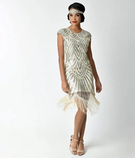 Rose Gold and White Sequin Fringe Flapper Mini Dress with Pink Open Toe Heels