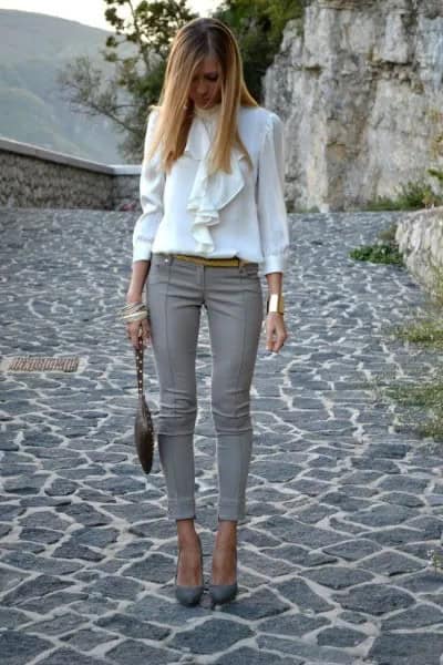 White Ruffle Blouse with Grey Skinny Cropped Dress Pants