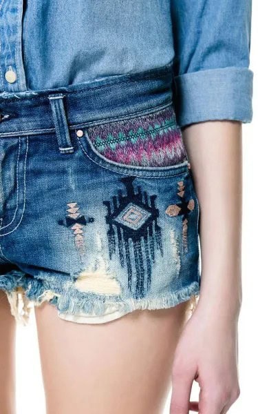 Light Blue Chambray Button Up Shirt with Tribal Printed Mini Denim Shorts