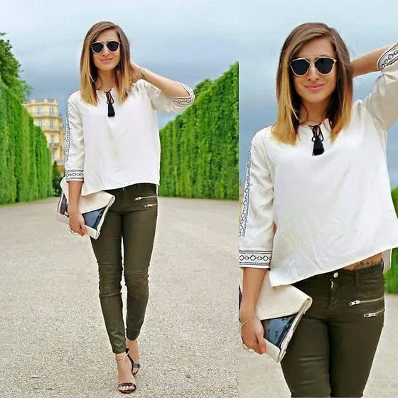 White Boho Blouse with Green Skinny Jeans