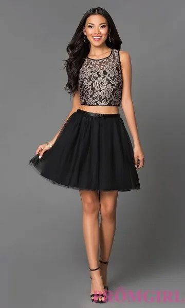 Two-Piece Dress with Black Lace Crop Top & Tulle Mini Dress