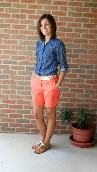 Navy and White Polka Dot Button Up Shirt with Longer Orange Shorts