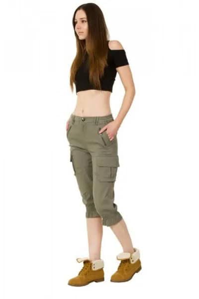 Black Cold Shoulder Crop Top with Green Long Cargo Shorts