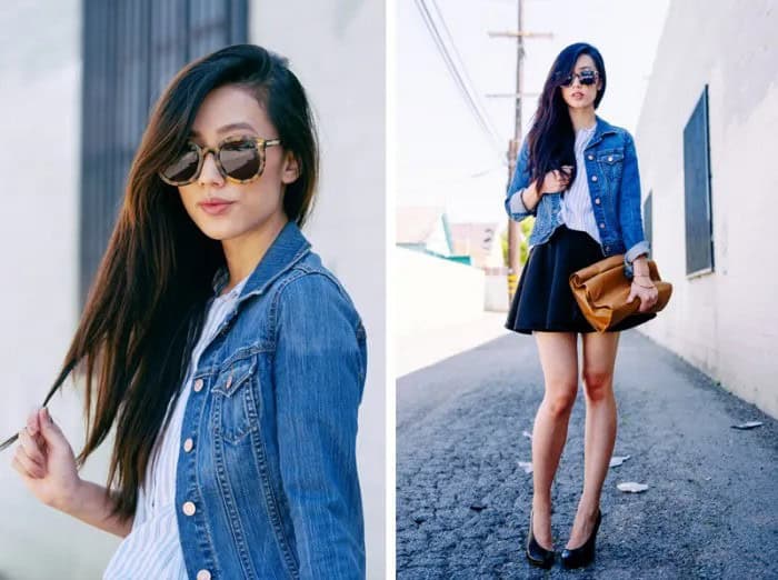 Black Mini Circle Skirt with Blue Denim Jacket