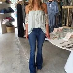 White Off The Shoulder Pleated Blouse with Flare Blue Jeans