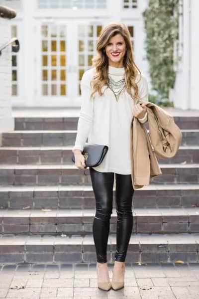 White Mock Neck Long Sweater with Leggings & Pink Heels