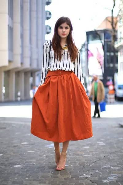 Black and White Vertical Striped Long Sleeve Blouse with Flared Midi Skirt