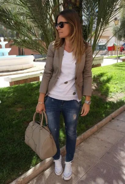 Olive Green Khaki Blazer with White Sweater & Blue Jeans