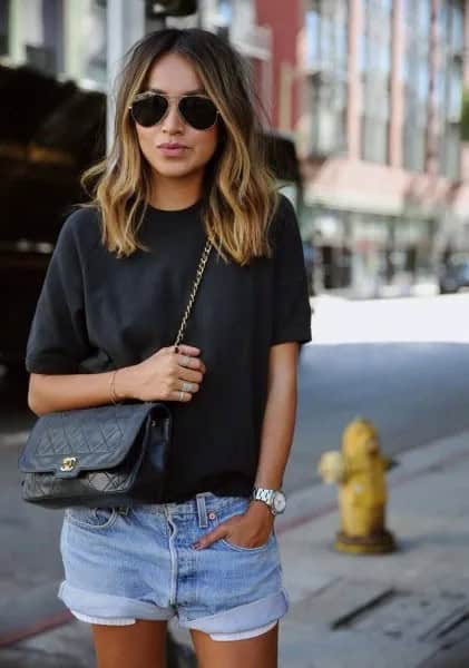 Grey T Shirt with Cuffed Denim Blue Mini Shorts