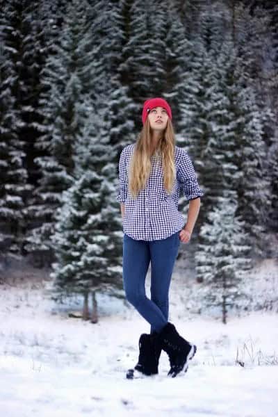 Black and White Checkered Hiking Shirt with Snow Boots