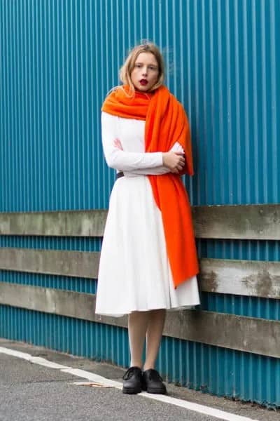 White Sweater with Matching Midi Flared Skirt & Orange Long Scarf