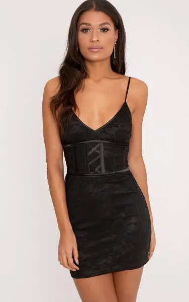 Black Bodycon Mini Dress with Corset Details