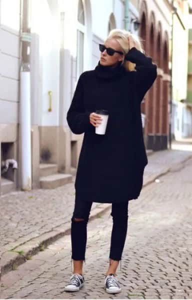 Black Sweater Dress with Ripped Cropped Skinny Jeans