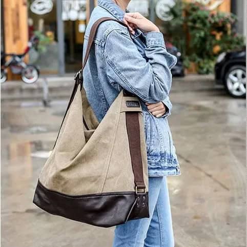 Denim Jacket with Jeans & Beige Large Messenger Bag