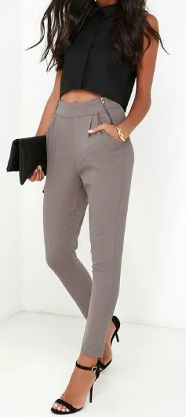 Black Sleeveless Cropped Blouse with Grey Skinny Dress Pants