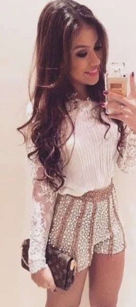 White Lace Long Sleeve Blouse with Pink Sequin Mini Shorts