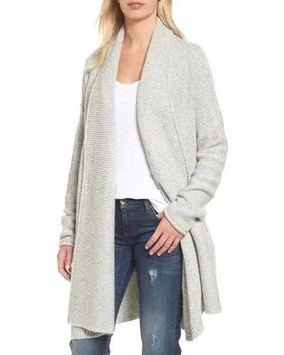 Grey Shawl Collar Sweater with White Vest Top & Dark Blue Skinny Jeans