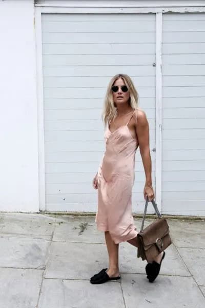 Pink Midi Silk Slip Dress with Black Slide Sandals