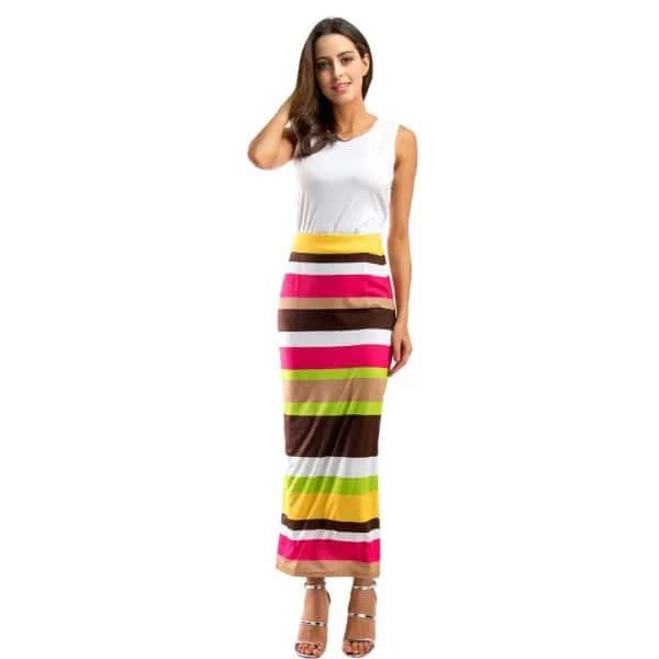 White Tank Top with Maxi Pink Black and Yellow Skirt