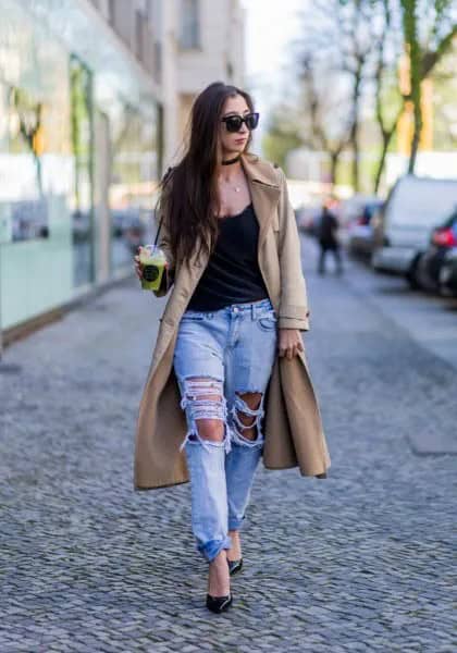 Black Scoop Neck Tank Top with Light Blue Cut Up Boyfriend Jeans