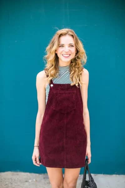 Brown Corduroy Overall Dress with Mock Neck Striped Top