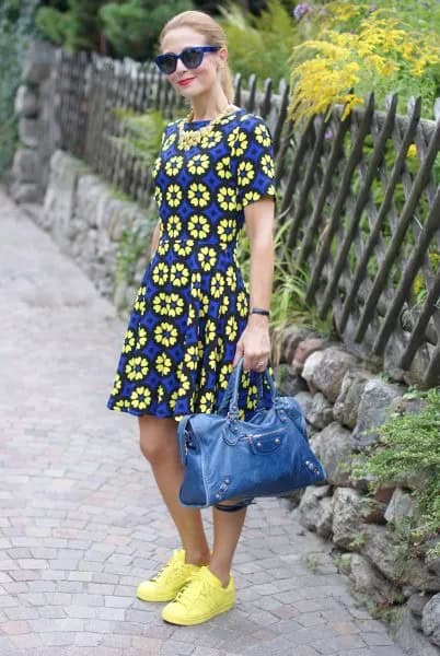 Yellow, Blue and Black Short Sleeve Mini Skater Dress