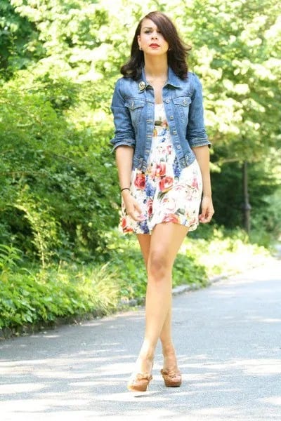 White Floral Skater Dress with Denim Jacket