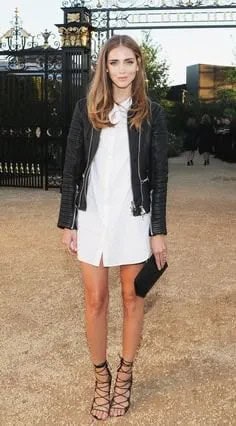 Black Leather Jacket with White Shirt Dress & Lace Up Sandals