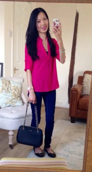 Hot Pink Chiffon Blouse with Dark Blue Skinny Jeans