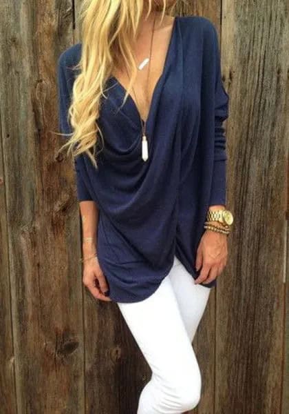 Navy Deep V Neck Draped Top with White Skinny Jeans