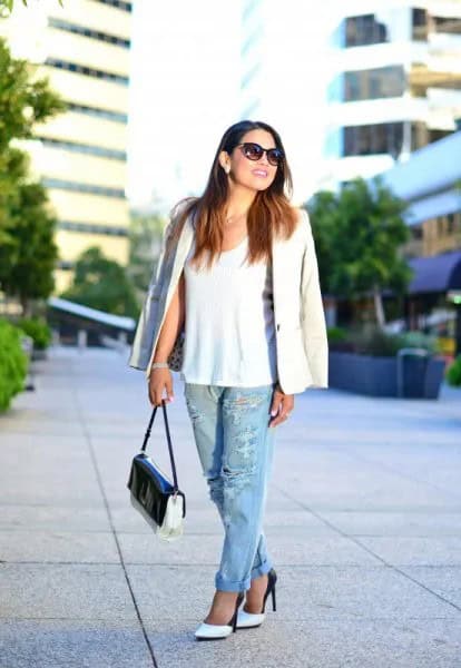 White Tank Top with Blazer & Ripped Boyfriend Jeans