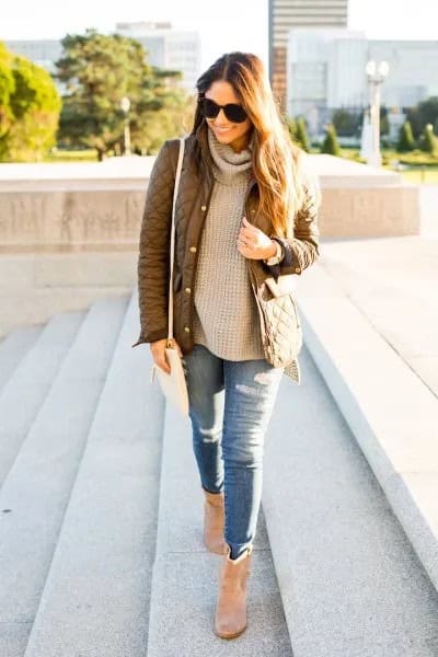 Green Quilted Jacket with Crepe Turtleneck Chunky Knit Sweater