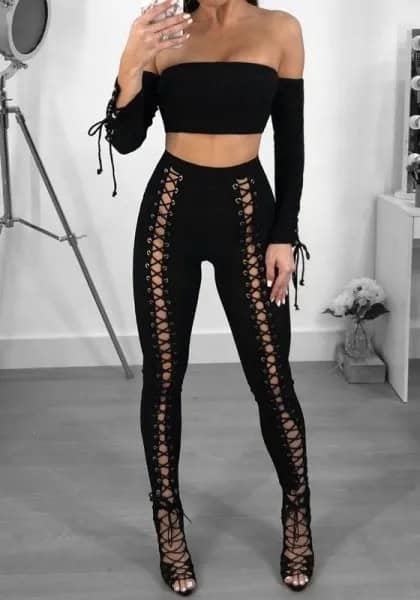 Black Cropped Tube Top with Black Strappy Skinny Jeans