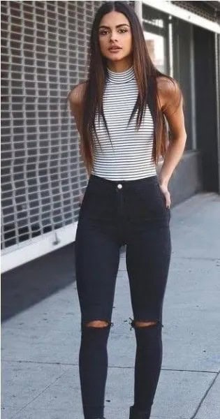 Black and White Striped Mock Neck Sleeveless Top with High Rise Jeans