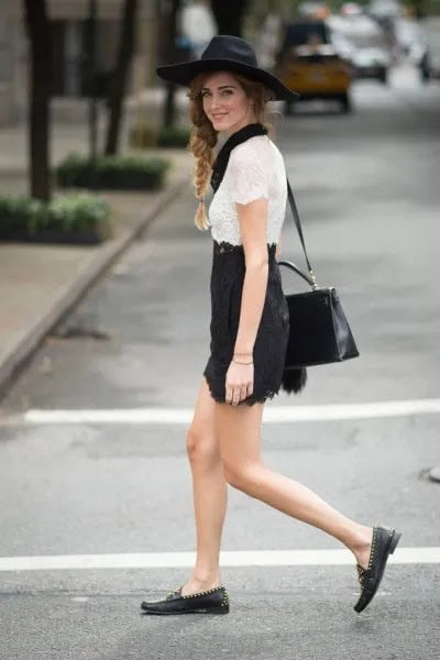 White Lace Blouse with Black High Rise Mini Denim Skirt